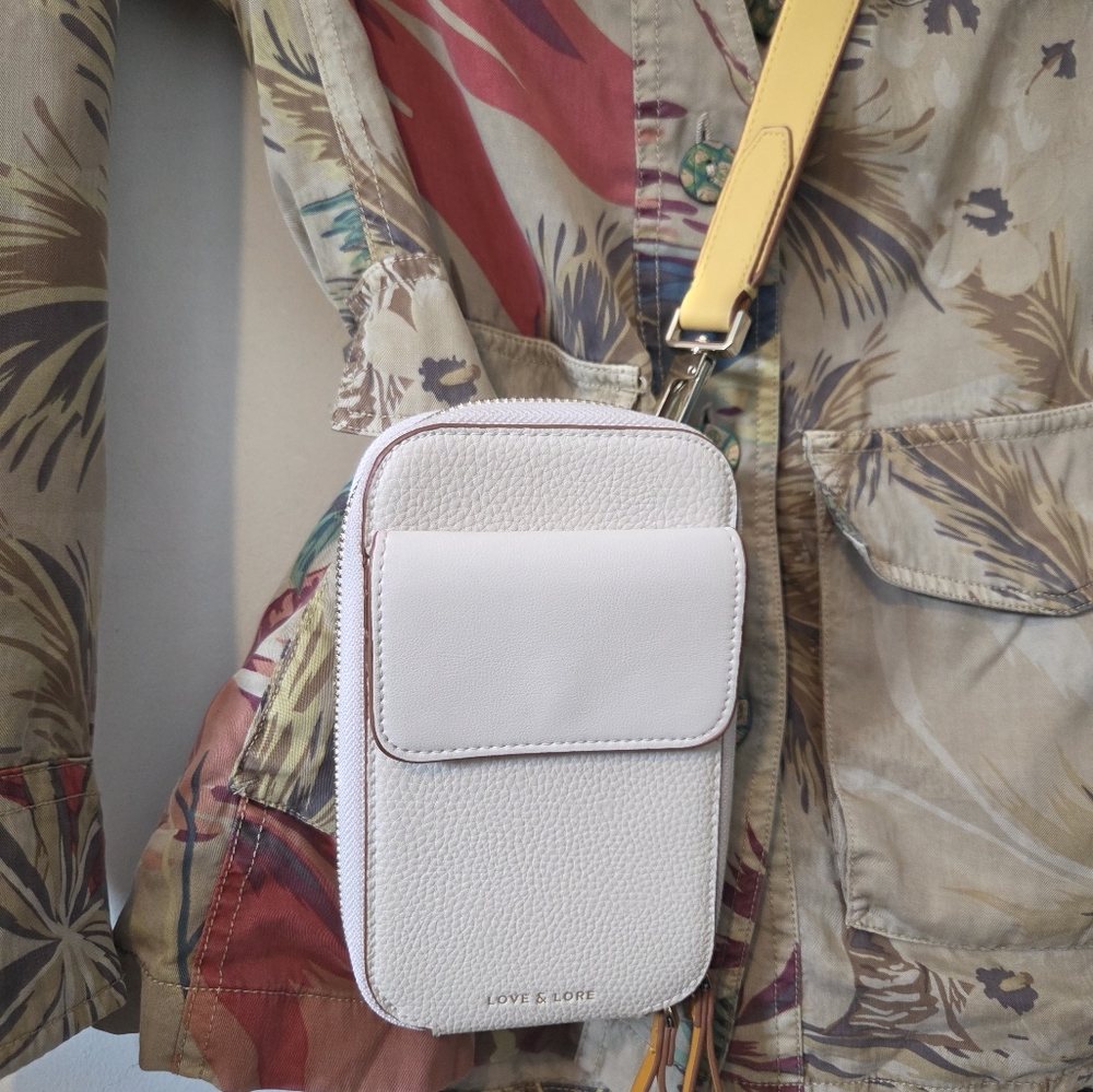 Love & Lore White Small Crossbody Bag/Wallet with Yellow Strap